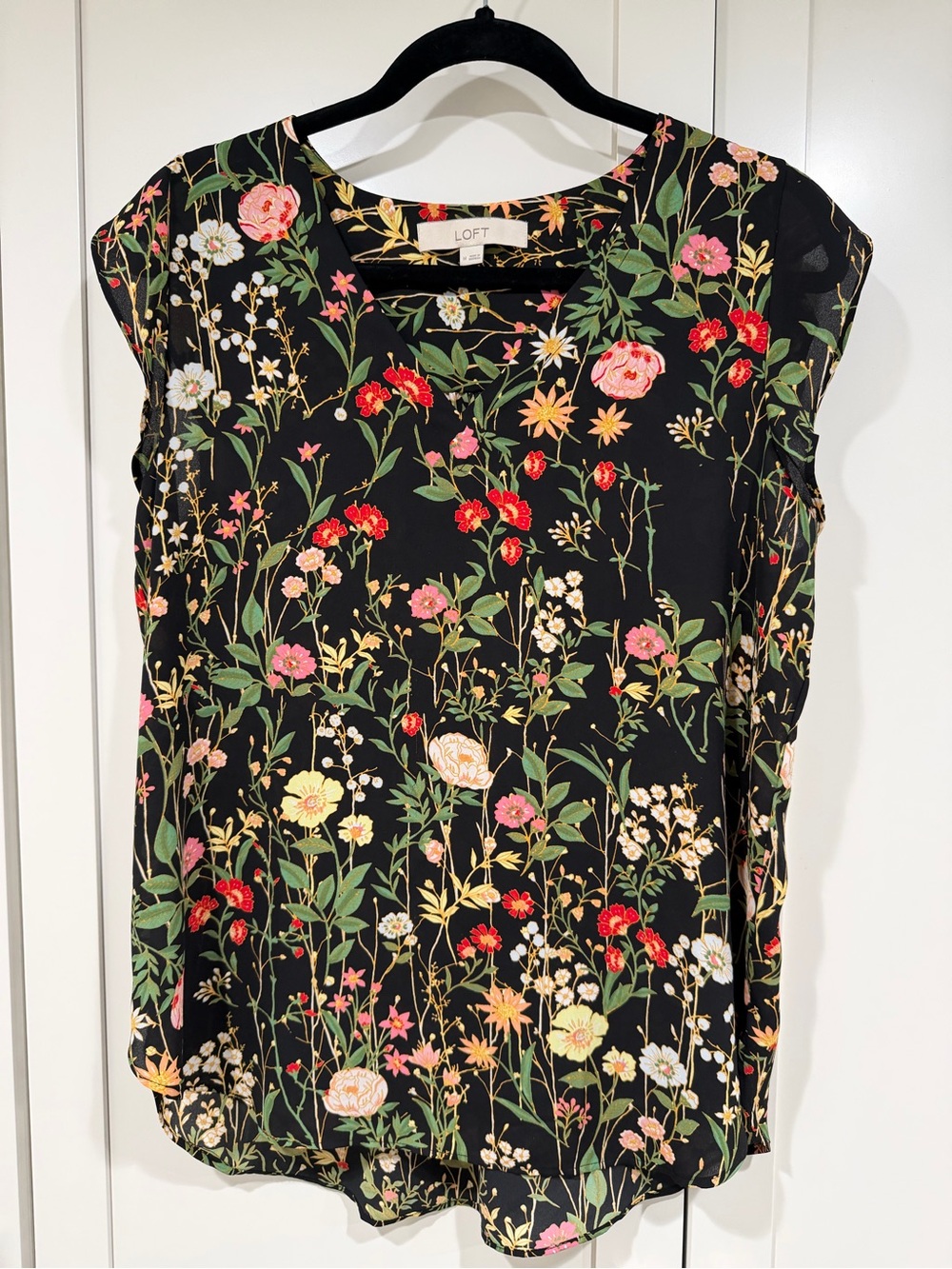 LOFT Black Floral Cap Sleeve Blouse with Multicolor Blooms